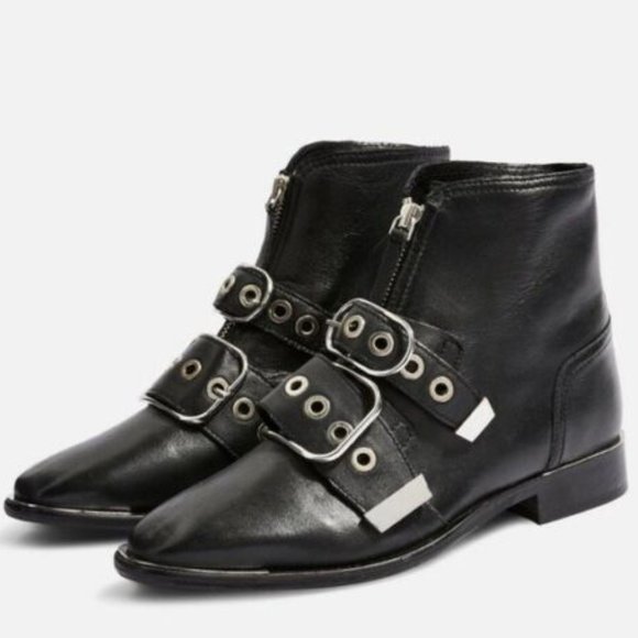 Topshop Shoes - TOPSHOP Front Zip Buckle Combat Moto Ankle Leather Boots